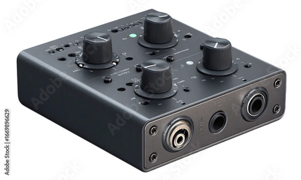 Fototapeta Compact, gray audio interface with multiple knobs and input/output ports