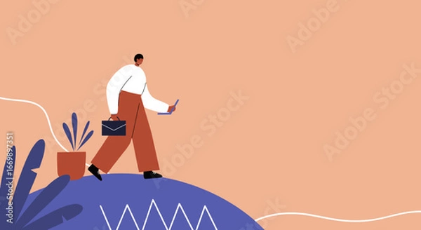 Fototapeta Modern professional walking with a laptop and briefcase, symbolizing business, remote work, and career progression in a stylized environment.