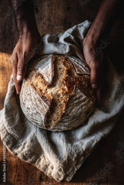 Fototapeta Artisan bread with rustic crust held by hands on wooden table