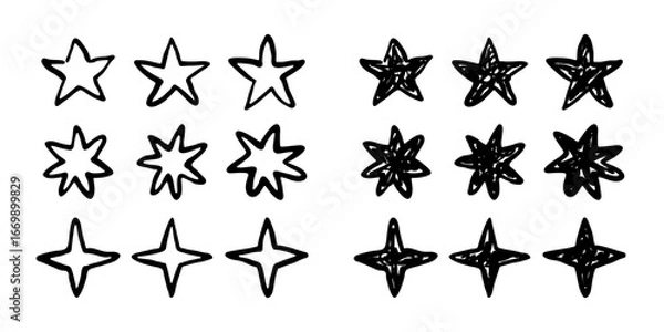 Fototapeta Hand drawn scribble stars set isolated on white. Stars of different shape, black outline and filled silhouettes in doodle style, childish marker drawing. Vector clipart for night sky illustration.