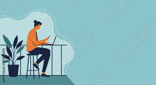 Fototapeta Person efficiently works remotely on laptop and smartphone from a balcony, showcasing modern flexible work, digital connectivity, and a productive lifestyle.