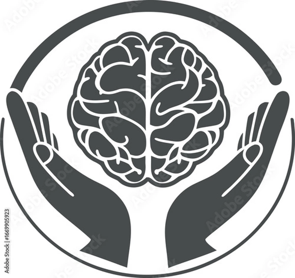 Fototapeta Vector art of hands holding a brain in a circle, symbolizing mental health