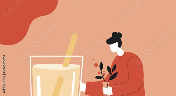 Fototapeta Minimalist illustration of a person holding a small plant next to a refreshing drink, symbolizing wellness, self-care, and a healthy lifestyle. Ideal for health and lifestyle content.