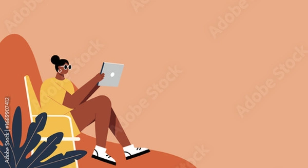 Fototapeta Stylish woman enjoying a relaxed moment, engaging with a digital tablet for work, study, or entertainment. Perfect for modern lifestyle and digital concepts.