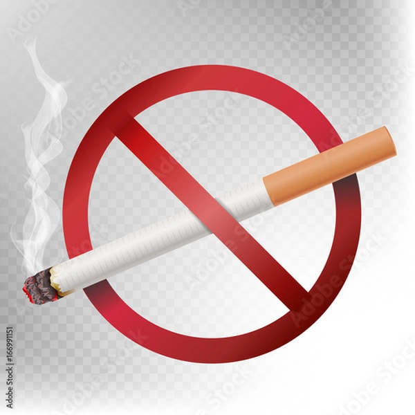 Fototapeta No Smoking Sign Vector. Illustration Isolated On Transparent Background. Cigarette With Smoke And Red No Smoking Area Label Symbol.