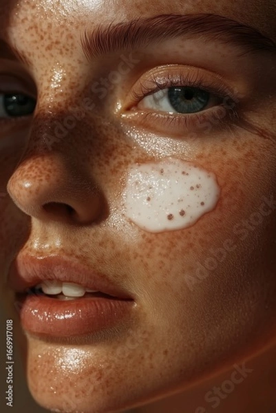 Fototapeta Close-up of a young woman's face with freckles and sunscreen applied. Skin care brand campaign ad