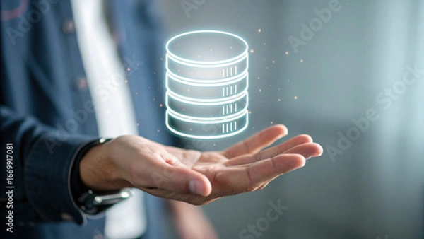 Fototapeta Holographic database stack data storage server concept cloud storage database icon business hand technology visualization digital network