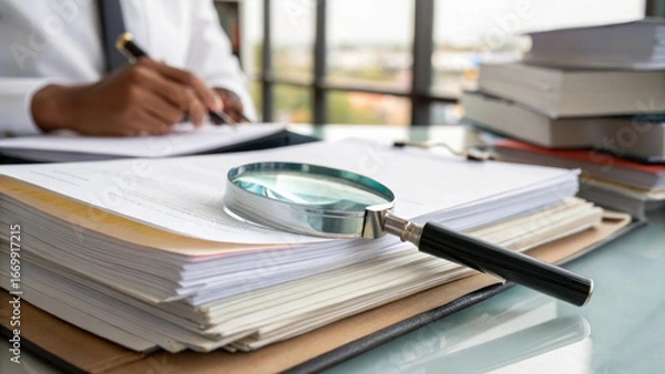 Fototapeta Magnifying glass stack of documents with person writing background, focused investigation and paperwork review conveying concentration