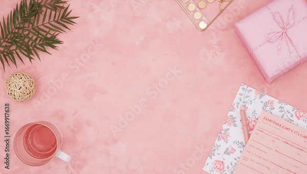 Fototapeta Pink-themed desk stationeryis  perfect for social media posts, blog headers, and feminine branding designs. Ideal for creative, stylish projects.