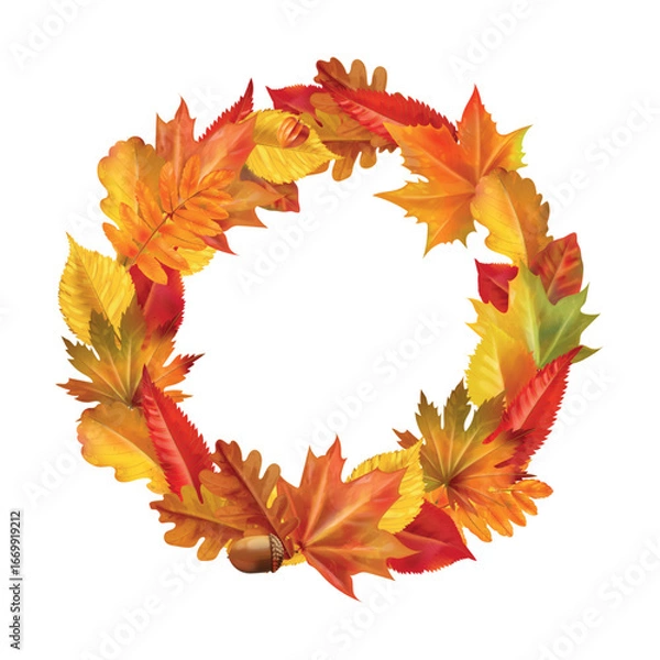 Fototapeta Autumn leaves wreath. Realistic fall leaf round frame, orange foliage nature ring maple oak leafs circle forest garland thanksgiving decoration 3d vector illustration
