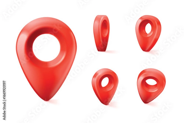 Fototapeta 3d geo pin. Realistic map geotag, red pin road point place marker address navigation tag pinpoint city street location position pointer travel trip mark, exact vector illustration