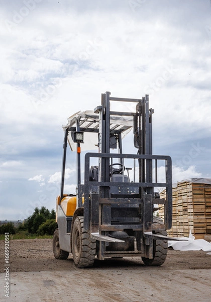 Obraz Forklift on a work site against a cloudy sky.