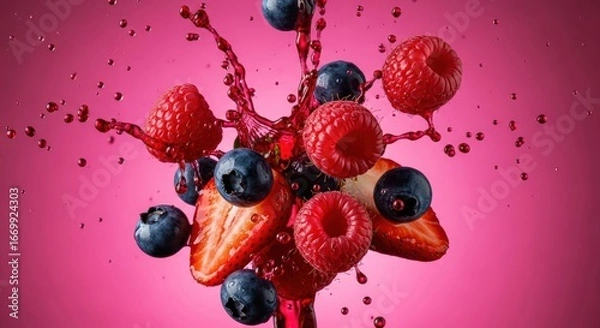 Fototapeta Fresh berries explode in vibrant juice splash
