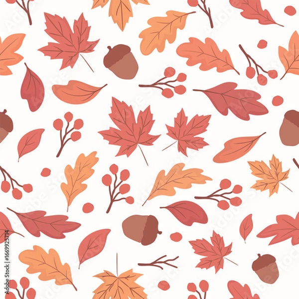 Fototapeta Seamless autumn leaf pattern with red fall foliage on a white background. Perfect for Thanksgiving, seasonal wrapping paper, fabric, wallpaper and digital design projects.