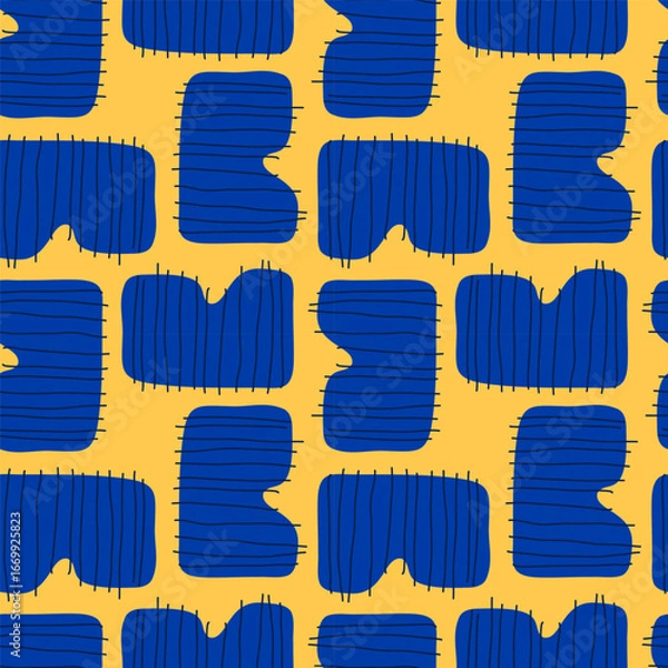 Fototapeta Seamless abstract yellow and blue pattern with hand-drawn textured shapes, modern retro maximalism vector background for stylish textiles and decor.