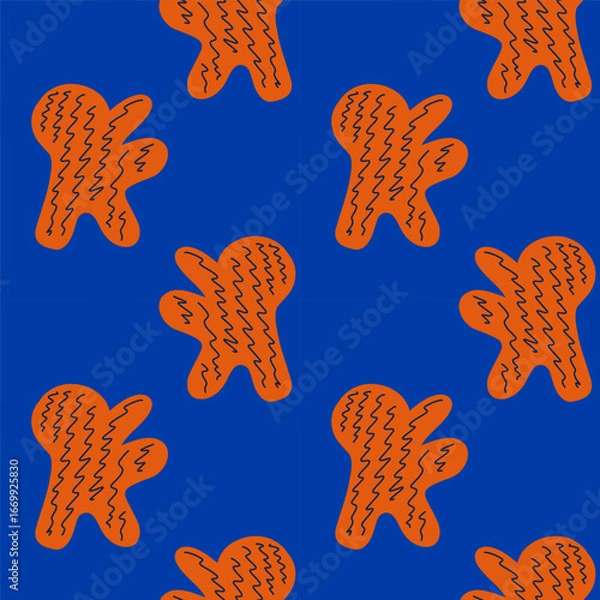 Fototapeta Seamless abstract blue and orange pattern with bold textured shapes, trendy retro maximalism vector background for fashion prints and modern design.