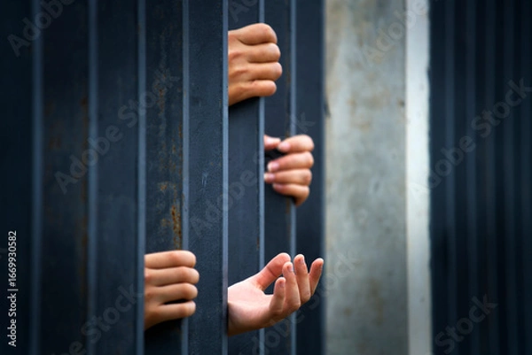 Fototapeta Hands Reaching Through Bars Symbolizing Hope and Despair in Captivity