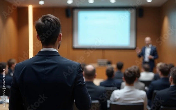 Fototapeta Meeting concept. Conference blur with business people training and learning. Coaching concept with blurred background. Speaker talking to audience in hall during seminar event. Lecture series speech.