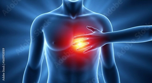 Obraz Human chest with glowing heart and hand touching