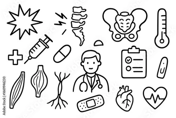 Obraz Coccyx Pain Essentials. Hand-drawn doodle illustration coccyx tailbone pain pain symbol, coccyx, pelvis, syringe, pill, clipboard,