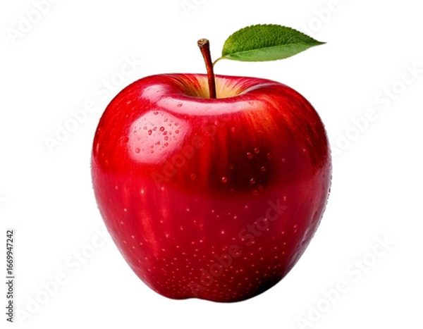 Obraz  Fresh Red Apple with Stem and Leaf, Isolated on Transparent Background