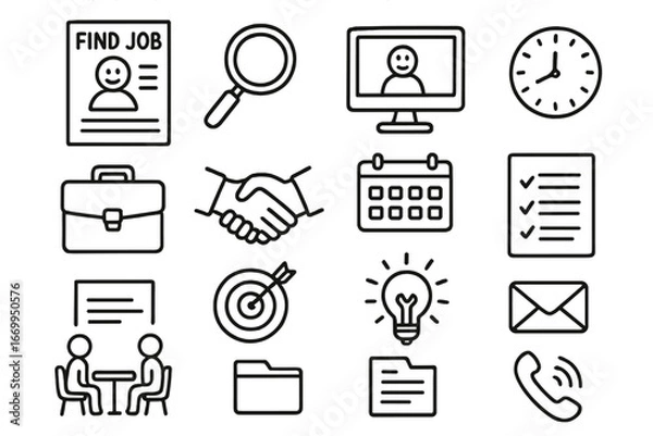 Fototapeta Job Hunt Essentials. Hand-drawn doodle illustration find job resume, magnifying glass, computer screen, briefcase, handshake,