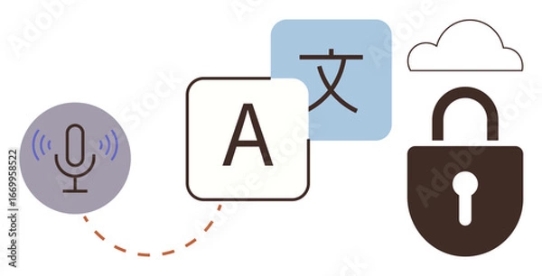 Fototapeta Microphone, language translation blocks, cloud, and lock visualizing language processing, cloud storage, translation security. Ideal for AI, translation, cloud communication privacy security