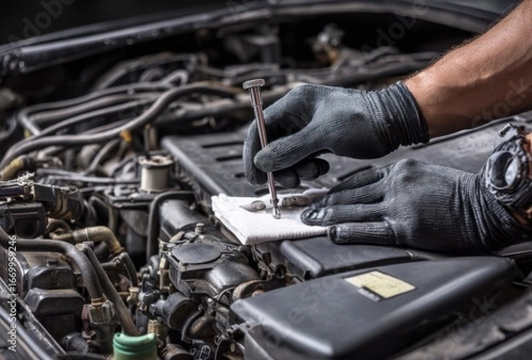 Fototapeta Technician inspecting and repairing car engine with tools in a professional garage