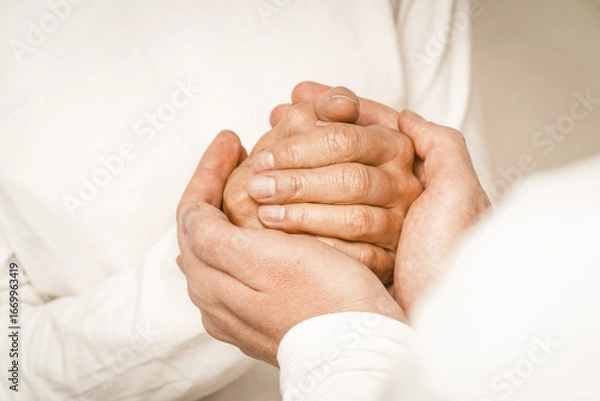 Fototapeta Two hands interlocked in a gentle embrace signify warmth and compassion for an elderly mother. This intimate moment reflects unwavering support and affection at home.