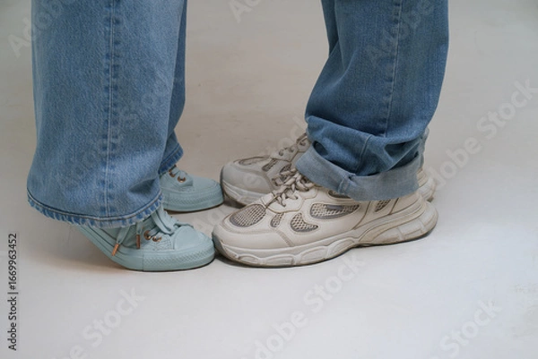 Fototapeta Two pairs of stylish sneakers meet on a simple background, showcasing a blend of personal styles and a moment of connection between the individuals.