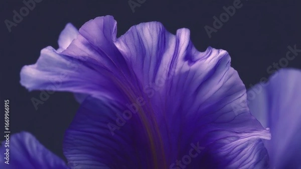 Fototapeta Close-up of a purple iris flower. the petals of the flower are a deep, vibrant purple color and are arranged in a fan-like pattern.