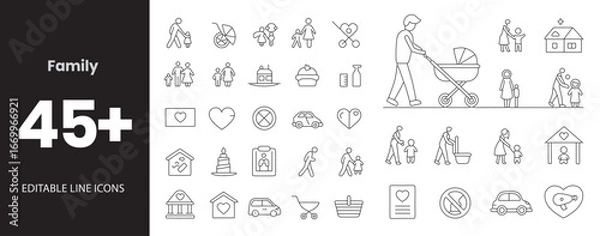 Obraz Family icon set. Containing parents, children, baby stroller, family home, heart, family tree, grandparents, holding hands, siblings and more. Editable line icons. Vector illustration