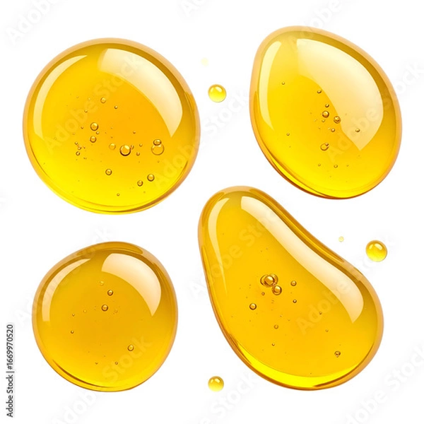Fototapeta Golden Liquid Droplets: A high-angle shot showcasing multiple translucent droplets, each brimming with rich color and delicate air bubbles, coalescing into captivating shapes.