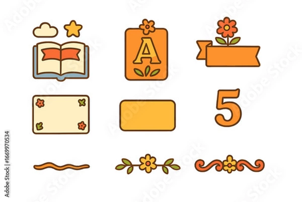 Fototapeta Children's Book Design Elements. Flat vector mini-illustrations book title elements in colors children's illustrations: title page