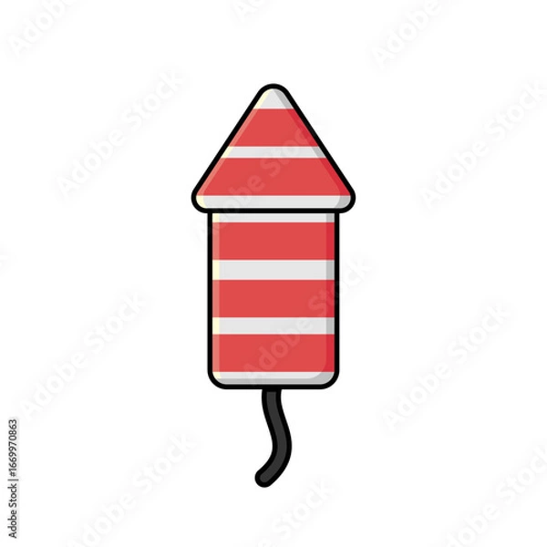 Fototapeta Vector illustration of a red striped firework rocket with fuse in flat design style, symbolizing celebration and festivity.