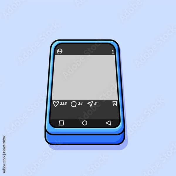Fototapeta Illustration of smartphone displaying social media interface with likes, comments, and notifications in flat design style.