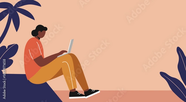 Fototapeta Person working remotely on a laptop in a relaxed tropical setting, embodying freedom and flexible modern lifestyle. Ideal for digital nomad or casual business themes.