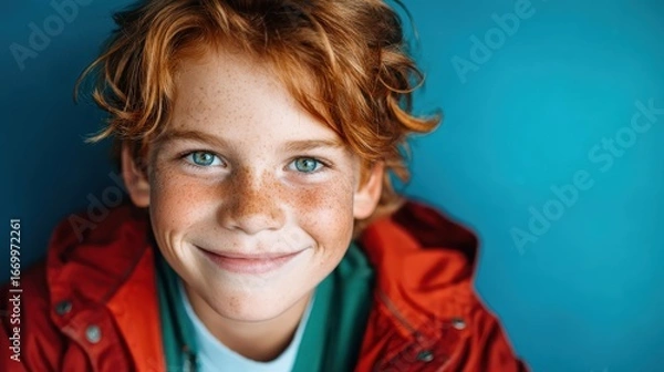 Fototapeta This charming portrait captures a smiling boy with freckles and striking blue eyes, set against a vibrant blue background that enhances his cheerful expression.