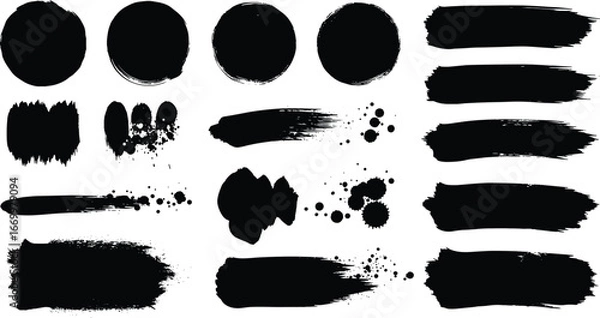 Fototapeta Vector set of black paint and ink brush strokes, splatters, and circles with grunge effects on white background
