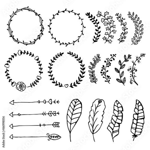 Fototapeta Collection of vector hand drawn design elements. Sketch doodle wreaths, borders, arrows.