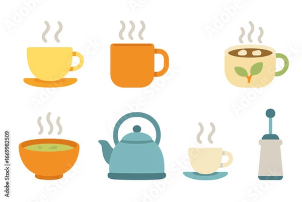 Fototapeta Steaming Beverages Grid. Flat vector mini-illustrations steam and drinks in colors children's illustrations: steaming tea cup,