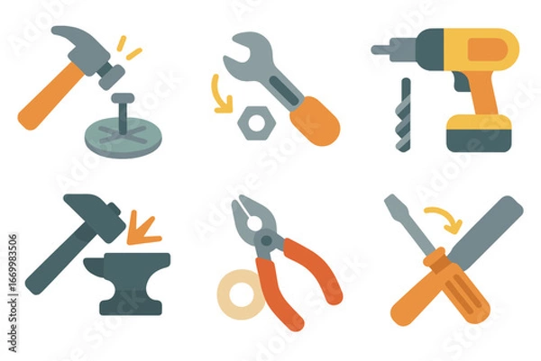 Obraz Workshop Tools Icons. Flat vector mini-illustrations clang in workshop sounds in colors children's illustrations: hammer on nail,
