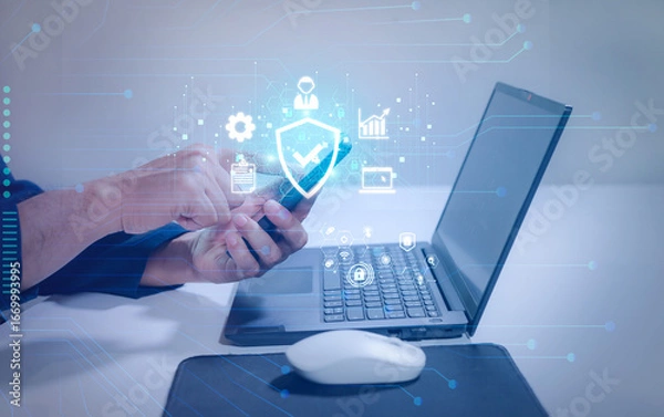 Fototapeta Cyber security and data protection. Businessman using laptop computer protecting business and financial data with virtual network connection.Cyber security access concept.
