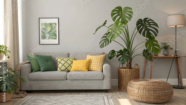 Fototapeta Neutral toned living room with grey sofa lush plants and yellow accents serene ambiance