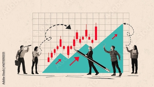 Fototapeta Group of business people analyzing chart with arrows and data on abstract collage. Concept of analytics, finance, corporate planning, teamwork, growth, and decision making.