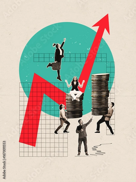 Fototapeta Contemporary artwork. Business people with red arrow and coin stacks symbolizing growth and financial success. Concept of economy, wealth, business achievement, investment, strategy, and prosperity.