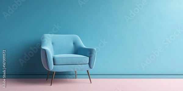 Obraz Modern light blue armchair near pastel blue wall, minimalist interior design, stylish furniture concept, empty space for design, trendy home decor, soft shadows, mockup scene, selective focus, copy sp