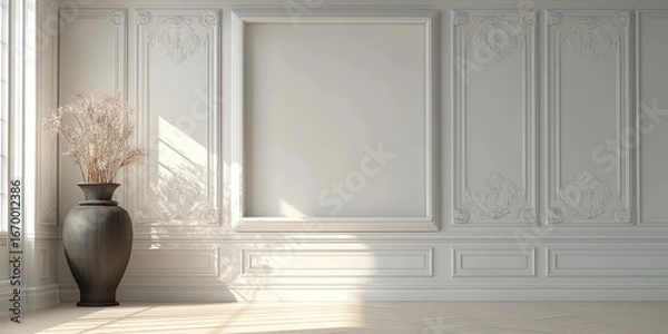 Obraz Elegant white classic interior with molding and dried flower arrangement, soft daylight, luxurious vintage style room, perfect for virtual backgrounds and mockups, selective focus, copy space
