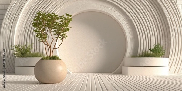 Obraz Modern circular interior with white arches and potted plants, architectural design for mockups or presentations, calm and clean atmosphere, minimal backdrop, soft lighting, selective focus, copy space