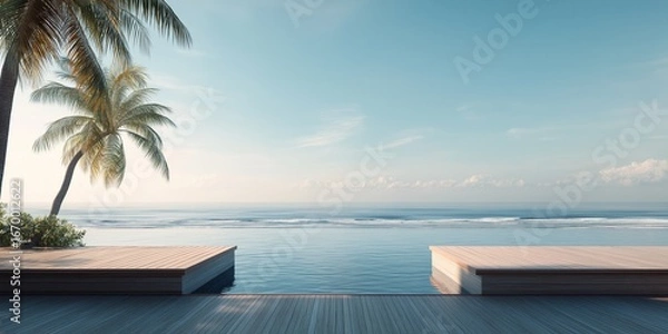 Obraz Tropical ocean view with palm trees and wooden terrace, peaceful beach setting under blue sky, relaxing coastal scene ideal for backgrounds and mockups, selective focus, copy space
